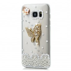 Samsung Galaxy Note 5 - Luxury Handmade Bling Bling 3D Rhinestone Crystal Pearl Protective Hard Clear Phone Cover Case - Butterfly and Lace